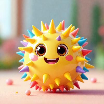 The primary subject of the image is a colorful, cartoon-like ball with a smiling face. The ball is yellow and has a pattern of pink and green spikes. The setting is a table, and the visual style appears to be a combination of digital art and illustration. The colors and mood of the image are cheerful and playful, with the bright colors and happy expression of the ball creating a positive atmosphere.